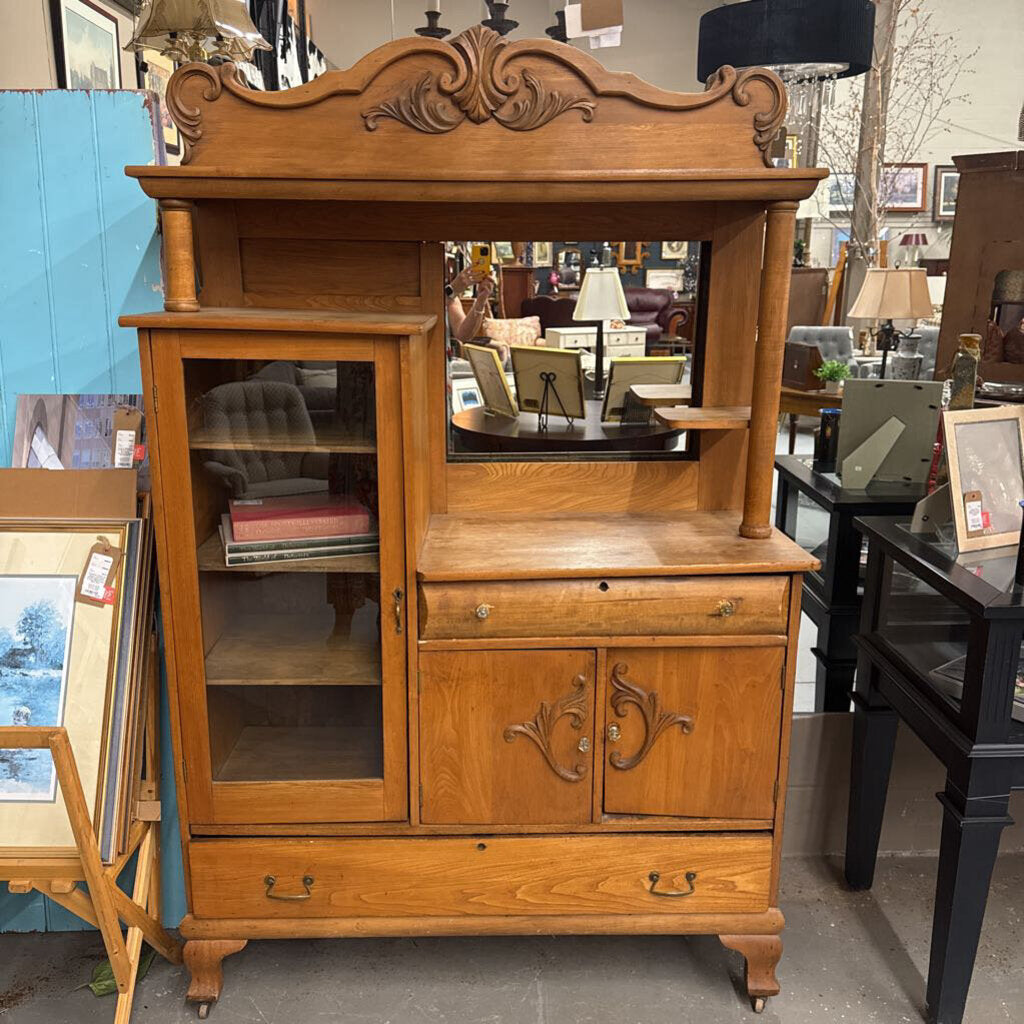Antique Maple Hutch Cabinet w Mirror - on castors