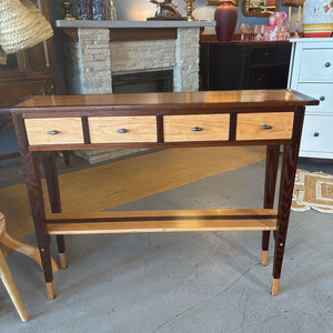 Cherry & Torrified Ash Wood Console Table w 4 Drawers & Floating Shelf