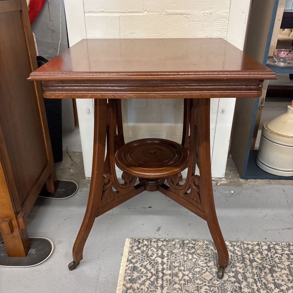 Antique Mahogany Victorian Parlour Table w Lower Carved Shelf