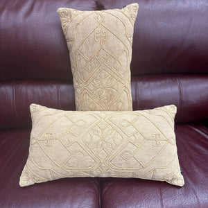 PAIR - Urban Barn Gold Lumbar Pillows w Intricate Yarn Embroidery