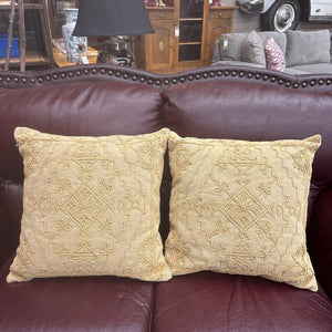 PAIR - Urban Barn Gold Pillows w Intricate Yarn Embroidery