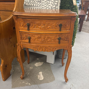 Light Stained Walnut Side Table w Floral Carvings & Brass Hardware