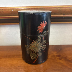Black Metal Japanese Tea Caddy w Floral Etching