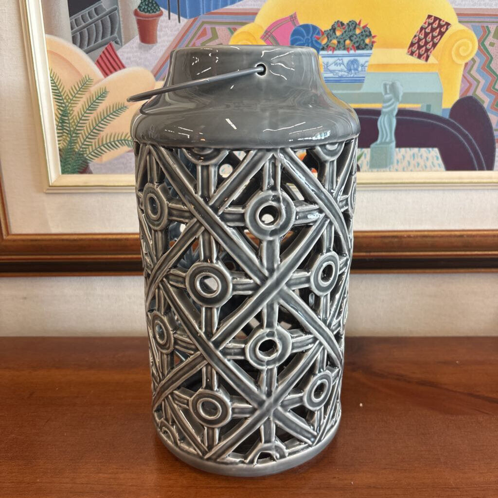 Glossy Grey Ceramic Patio Lantern w Lattice Pattern