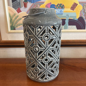 Glossy Grey Ceramic Patio Lantern w Lattice Pattern
