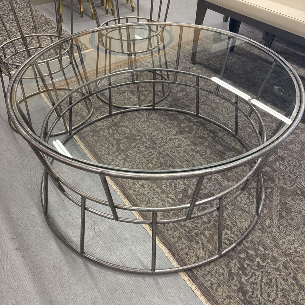 Round Glass Top Antiqued Metal Transitional Coffee Table