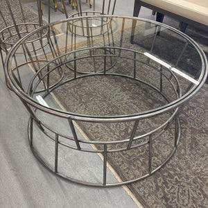 Round Glass Top Antiqued Metal Transitional Coffee Table