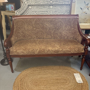 Bombay Wooden Settee w Brown & Tan Paisley Upholstery & Rolled Arms
