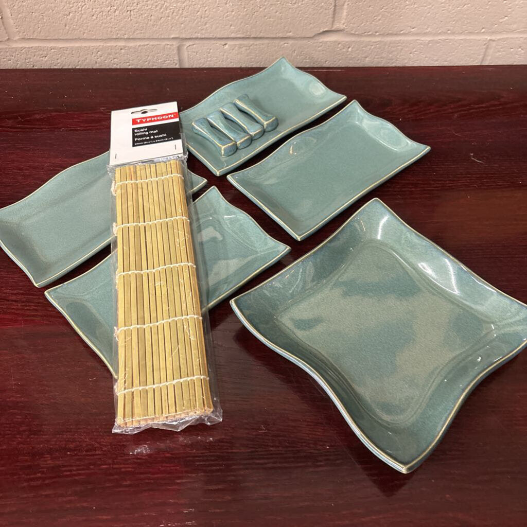 Sage Green Ceramic Sushi Set w Chopstick Rests & Suski Rolling Mat
