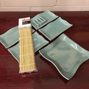 Sage Green Ceramic Sushi Set w Chopstick Rests & Suski Rolling Mat