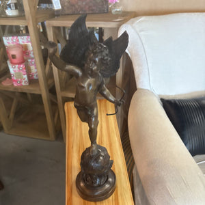 Vintage Bronze Winged Cherub Sculpture w Bow Atop a Globe- Made in Thailand