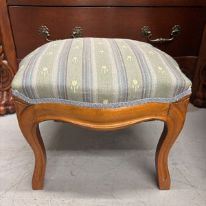 French-Rococo Style Small Mahogany Footstool w Blue Striped Upholstery
