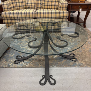 Glass Top Coffee Table w Black Wrought Iron Leaf Motif Metal Base