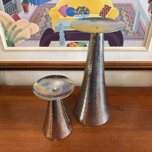 SET of 2 Silver Hammered Pedestal Candle Holders