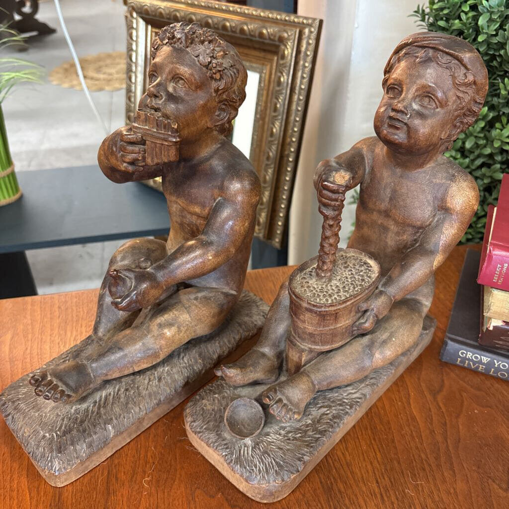 Set of 2 Wooden Wine God Figurines/ Bookends-Made in France