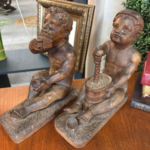 Set of 2 Wooden Wine God Figurines/ Bookends-Made in France