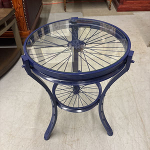 Navy Blue Glass Top Bicycle Wheel Side Table