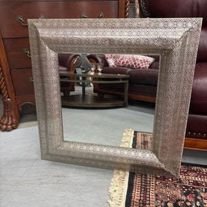 Moroccan-Style Silver Filigree Patterned Metal Wall Mirror