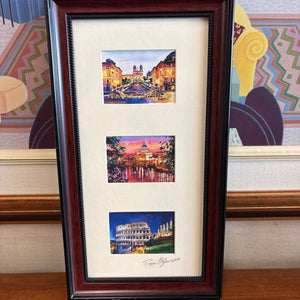 Three Small Watercolour Italian Reproductions in Dark Wood Toned Frame-Signed by Artist