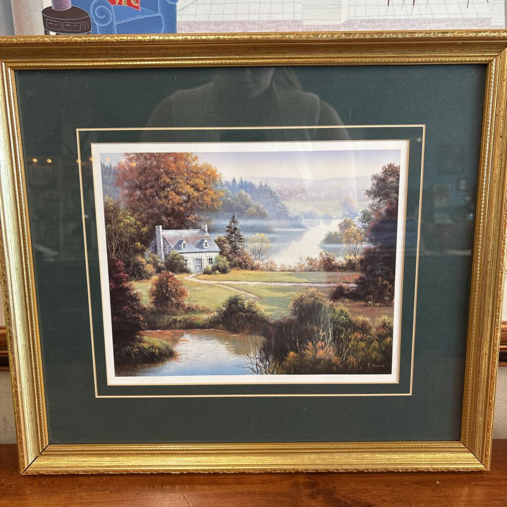 Print of Stone House by Pond in Gold Frame