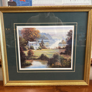 Print of Stone House by Pond in Gold Frame