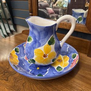 Vintage Hand Painted Blue & Floral Ceramic Pitcher & Bowl Set