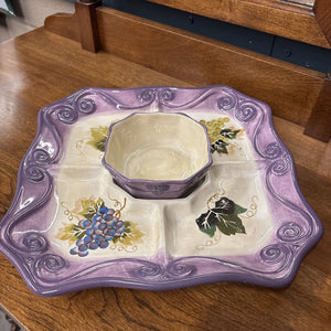 Vintage Hand Painted Purple Vineyard Ceramic Chip & Dip Serving Set