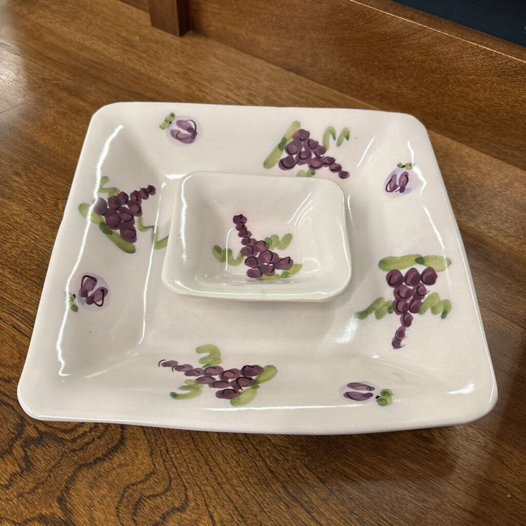 Hand Painted Ceramic Hillborn Pottery Chip & Dip Set w Grapes