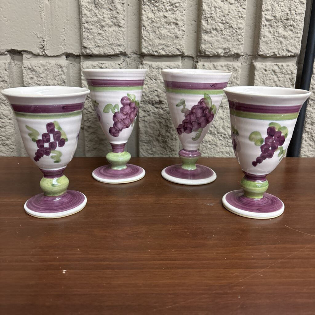 Set of 4 Green & Purple Hillborn Pottery Goblets w Handpainted Grapes