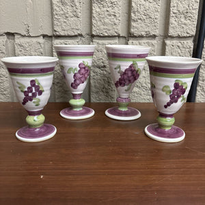 Set of 4 Green & Purple Hillborn Pottery Goblets w Handpainted Grapes