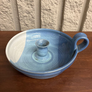 Glazed Blue & White Stoneware Candle Holder