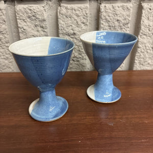 Set of 2 Glazed Blue & White Stoneware Goblets