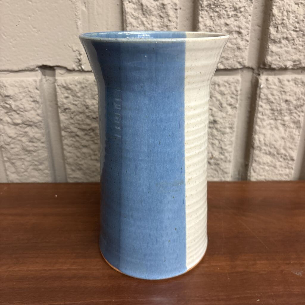 Glazed Blue & White Stoneware Vase