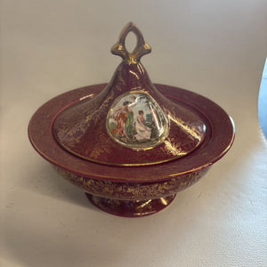 Antique Burgundy Porcelain Covered Pedestal Bowl w Gold Floral Chintz Trim