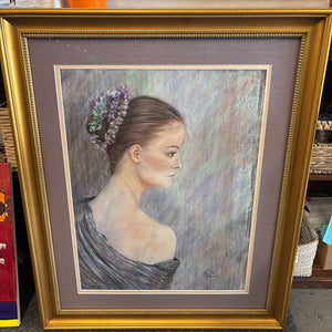 Original Framed Chalk Pastel Drawing "Portrait of a Woman" by S. Jeanneau