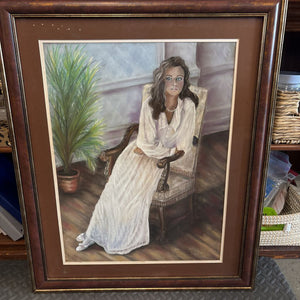 Original Framed Chalk Pastel Drawing "A Woman in a Chair" by S. Jeanneau
