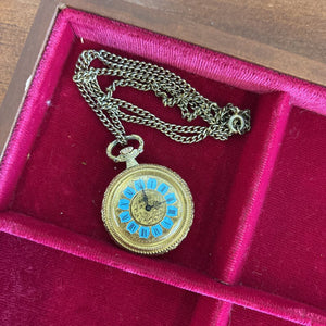 Vintage Gold Tone Costume Pendant Pocket Watch ft. Blue Roman Numerals