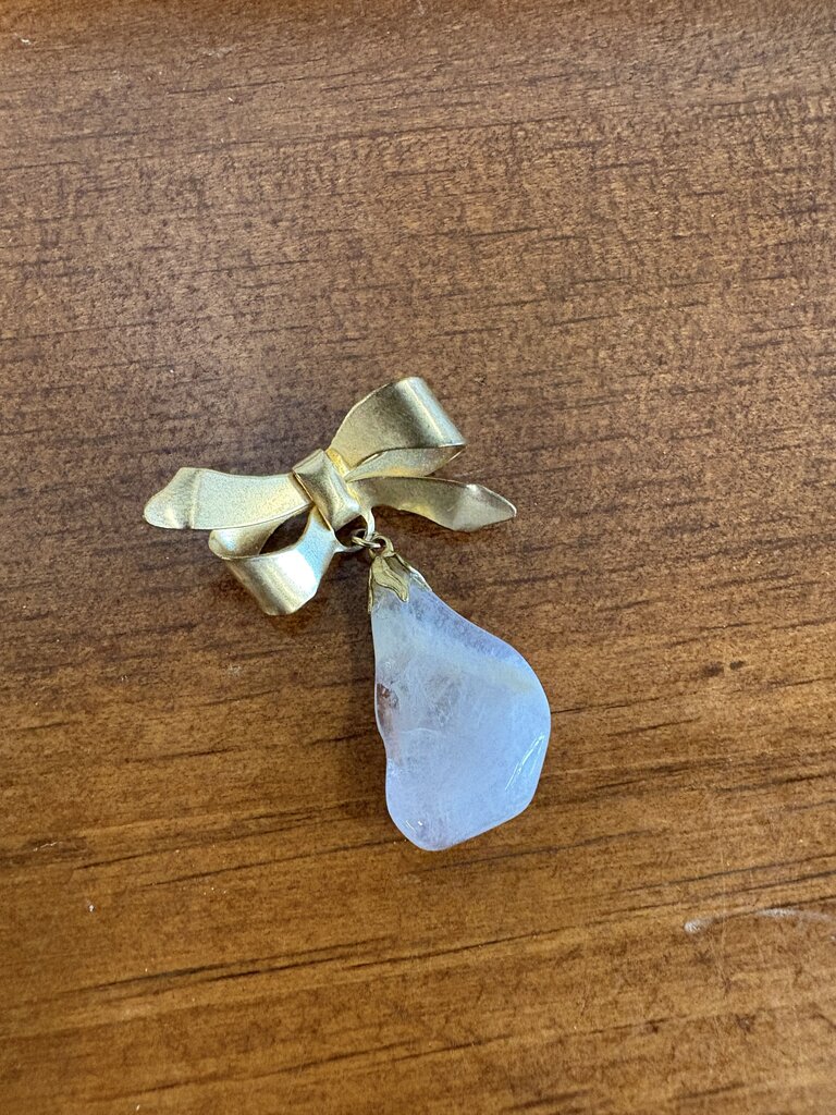 Gold Tone Bow Pendant Brooch w Dangling Light Coloured Stone