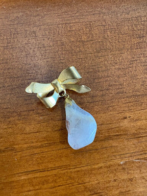 Gold Tone Bow Pendant Brooch w Dangling Light Coloured Stone