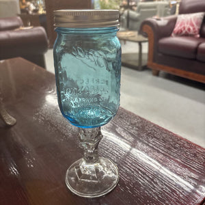 Novelty Wine Glass w a Vintage Blue Ball Perfect Mason Jar