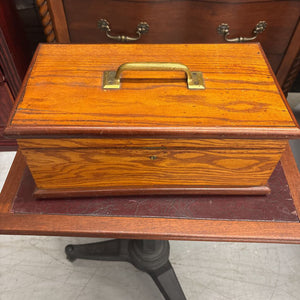 Antique Solid Oak Work Box w Brass Handle and Tray