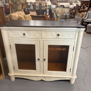 French Country Rustic Cream Coloured Sideboard w Dark Brown Top - Glass Doors & Shelves