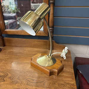 Vintage MCM Brass Desk Lamp w Wooden Accent Base