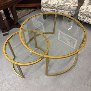Modern 2 PC Glass Top Round Gold Toned Nesting Coffee Table Set