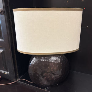Textured Bronze Ceramic Hammered Lamp w Oval Beige Lamp Shade
