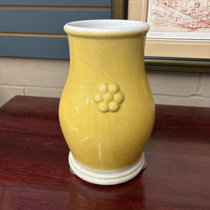 Yellow Crackle Glaze Ceramic Vase w Flower Motif