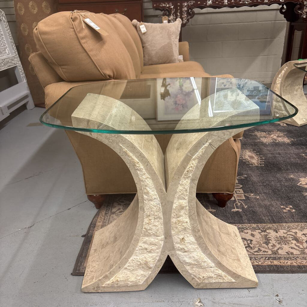 Post-Modern Curved Stone Glass Top Side Table