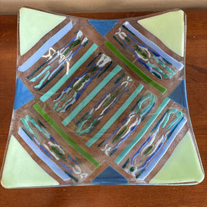 Decorative Blue & Green Square Art Glass Dish