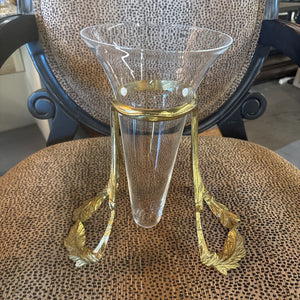 Vintage Bombay Co. Floating Glass Trumpet Vase on Ornate Brass Base