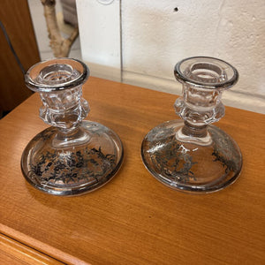 PAIR of Vintage Silver Overlay Glass Candlestick Holders